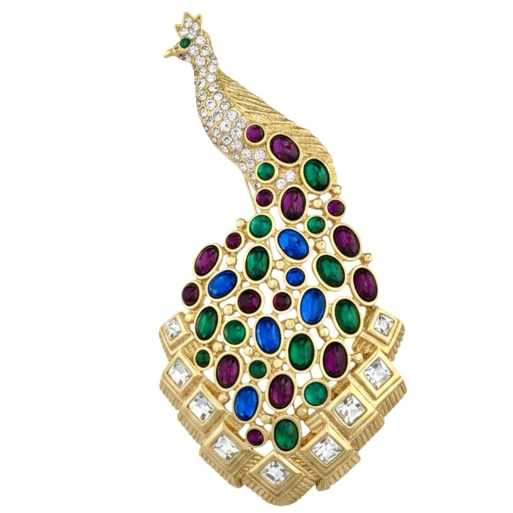 Vintage Nolan Miller Peacock Pin Brooch Gold Multicolored Crystals